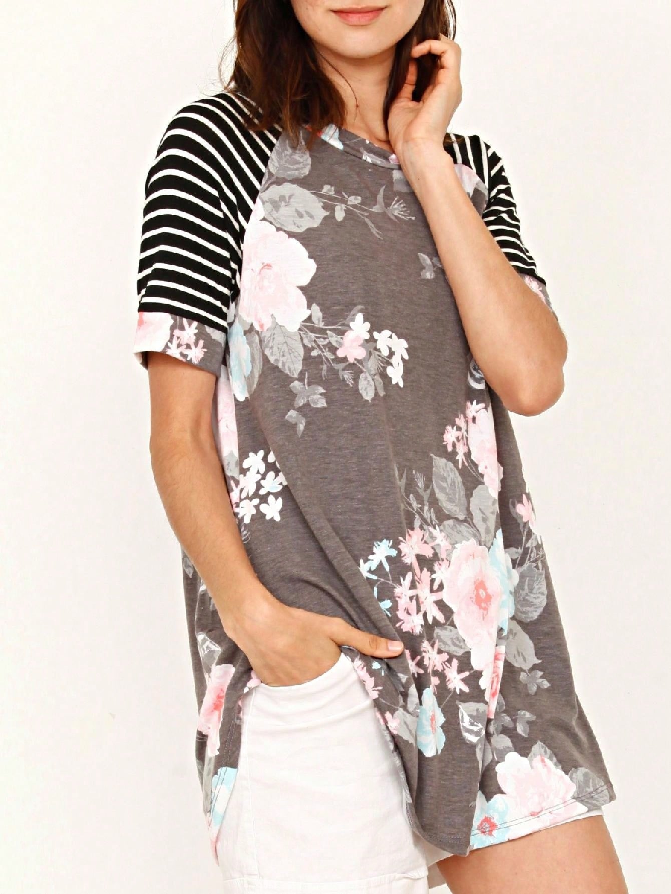 Summer Cool Floral Stripe Raglan Stripe Sleeve Top T Shirt Blouse |  Small -3 XL