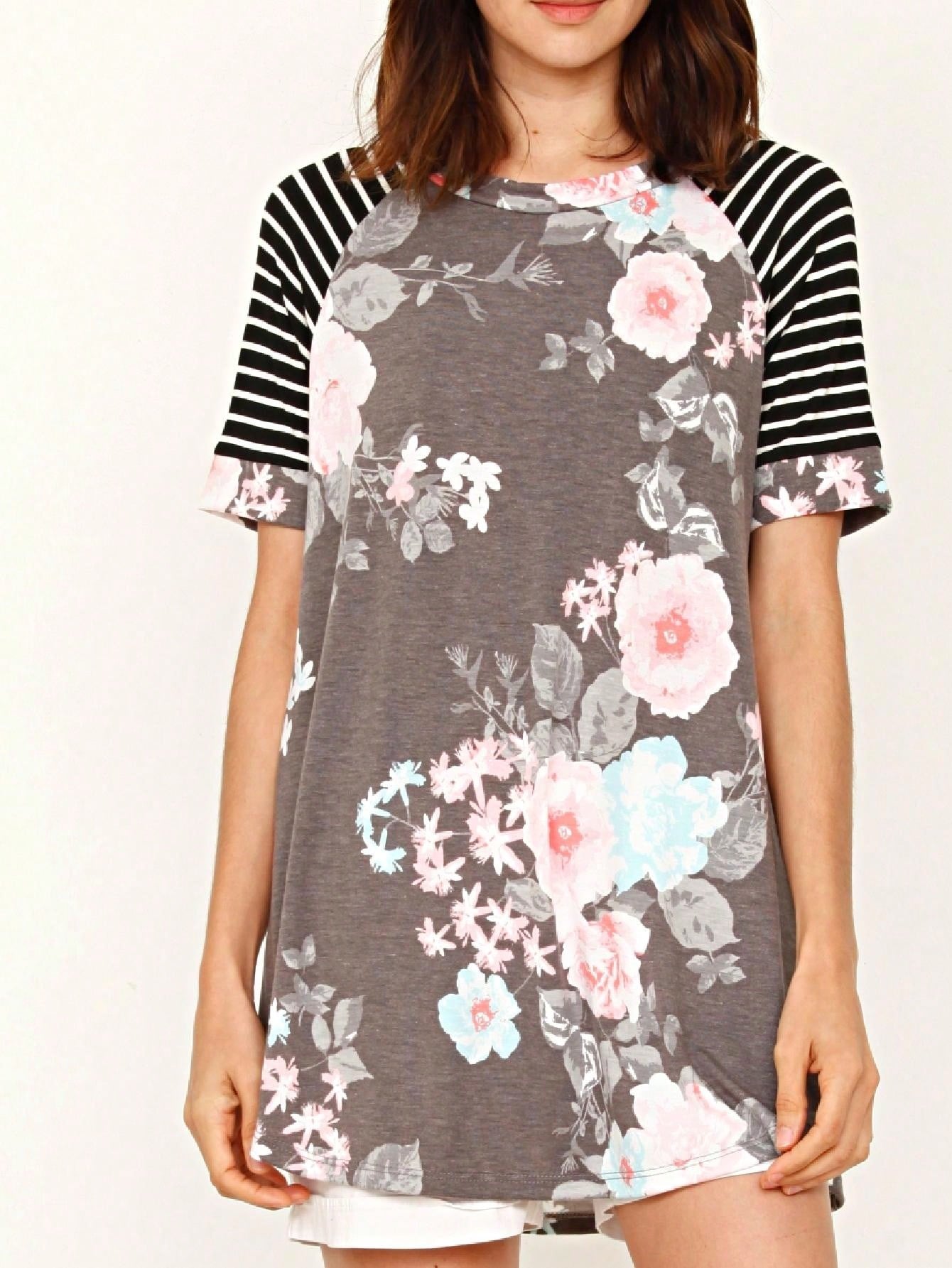 Summer Cool Floral Stripe Raglan Stripe Sleeve Top T Shirt Blouse |  Small -3 XL