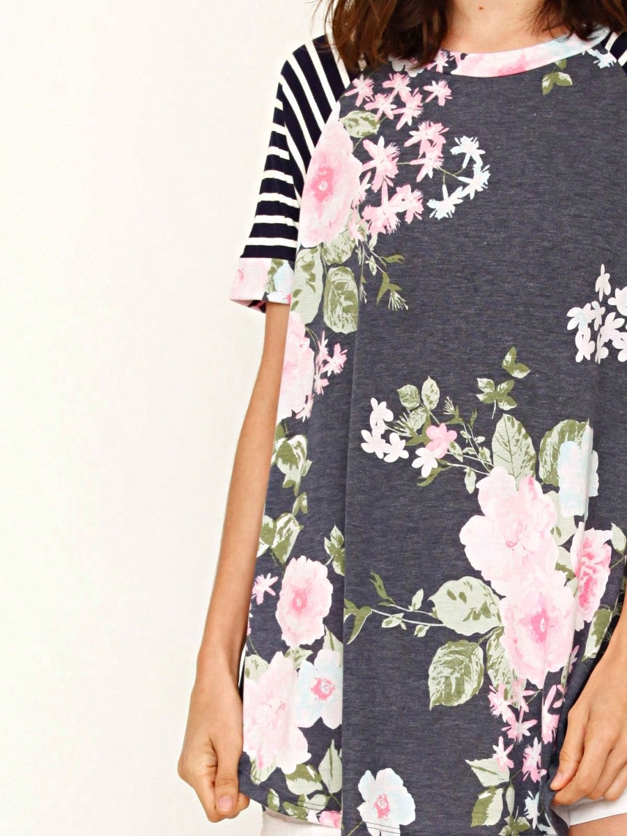 Summer Cool Floral Stripe Raglan Stripe Sleeve Top T Shirt Blouse |  Small -3 XL
