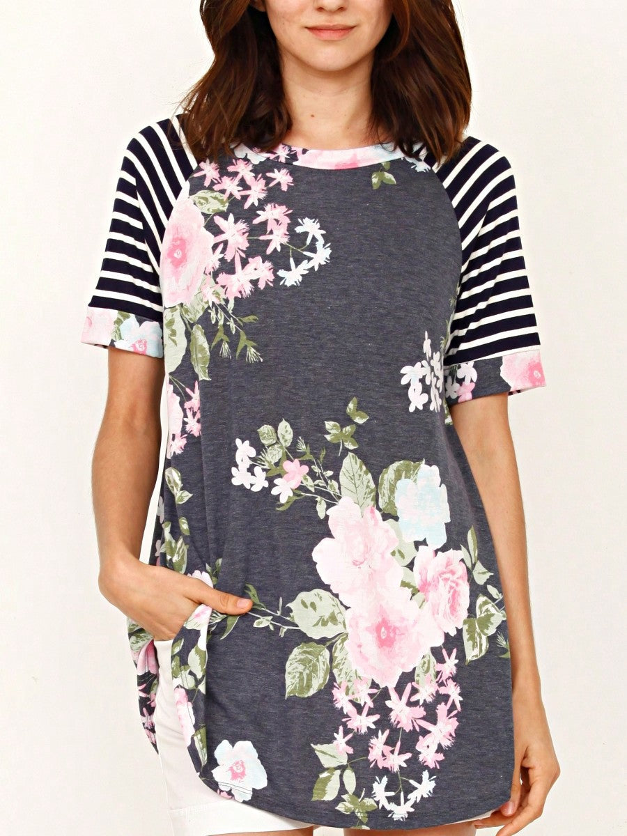 Summer Cool Floral Stripe Raglan Stripe Sleeve Top T Shirt Blouse |  Small -3 XL