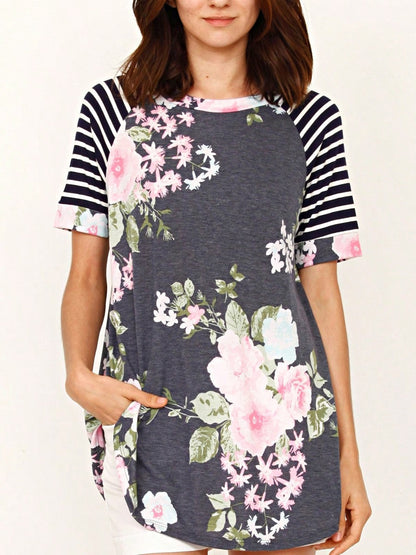 Summer Cool Floral Stripe Raglan Stripe Sleeve Top T Shirt Blouse |  Small -3 XL