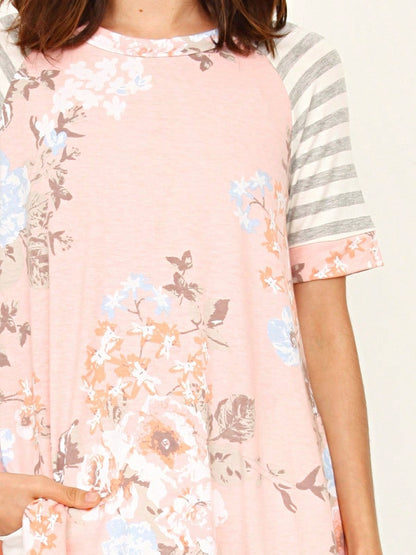 Summer Cool Floral Stripe Raglan Stripe Sleeve Top T Shirt Blouse |  Small -3 XL