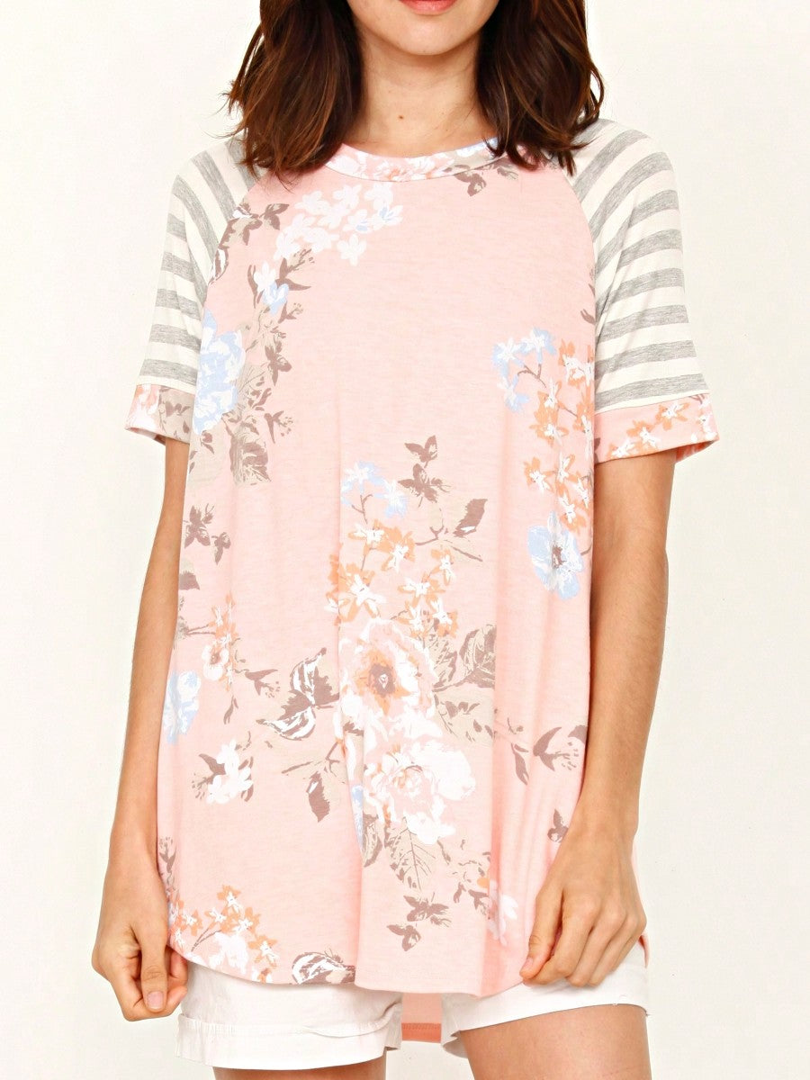 Summer Cool Floral Stripe Raglan Stripe Sleeve Top T Shirt Blouse |  Small -3 XL