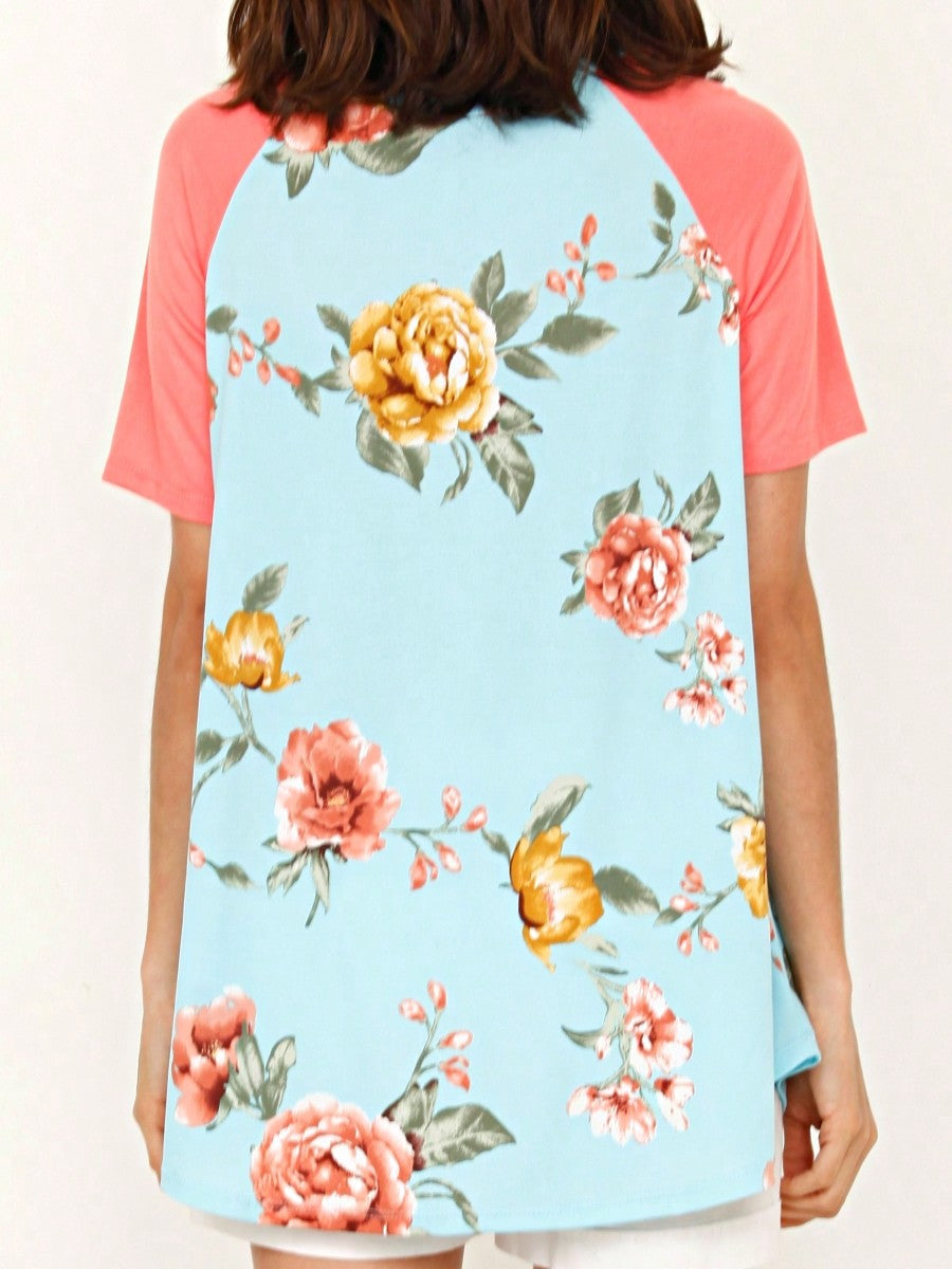 Summer Cool Floral Stripe Raglan Stripe Sleeve Top T Shirt Blouse |  Small -3 XL
