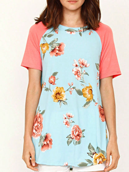 Summer Cool Floral Stripe Raglan Stripe Sleeve Top T Shirt Blouse |  Small -3 XL