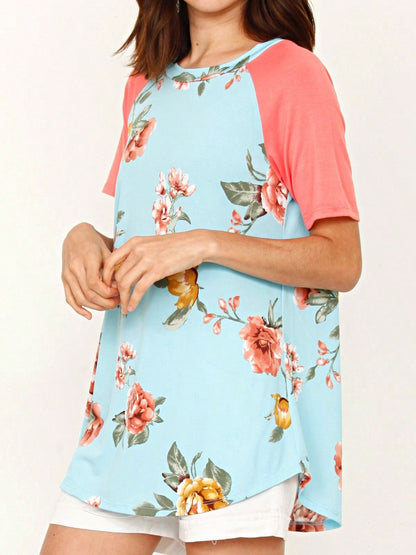 Summer Cool Floral Stripe Raglan Stripe Sleeve Top T Shirt Blouse |  Small -3 XL