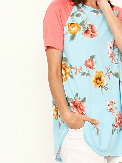 Summer Cool Floral Stripe Raglan Stripe Sleeve Top T Shirt Blouse |  Small -3 XL