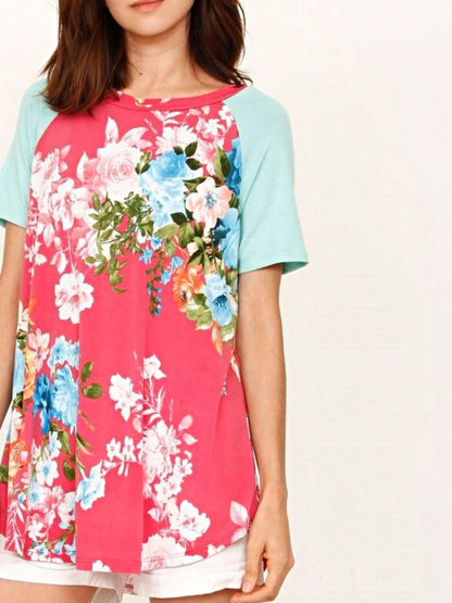 Summer Cool Floral Stripe Raglan Stripe Sleeve Top T Shirt Blouse |  Small -3 XL