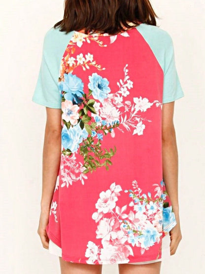 Summer Cool Floral Stripe Raglan Stripe Sleeve Top T Shirt Blouse |  Small -3 XL