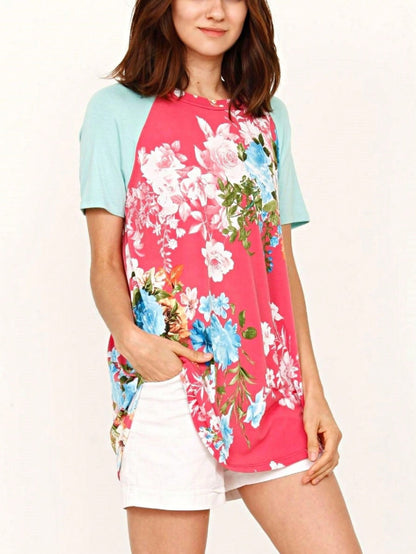 Summer Cool Floral Stripe Raglan Stripe Sleeve Top T Shirt Blouse |  Small -3 XL