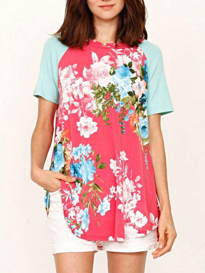 Summer Cool Floral Stripe Raglan Stripe Sleeve Top T Shirt Blouse |  Small -3 XL