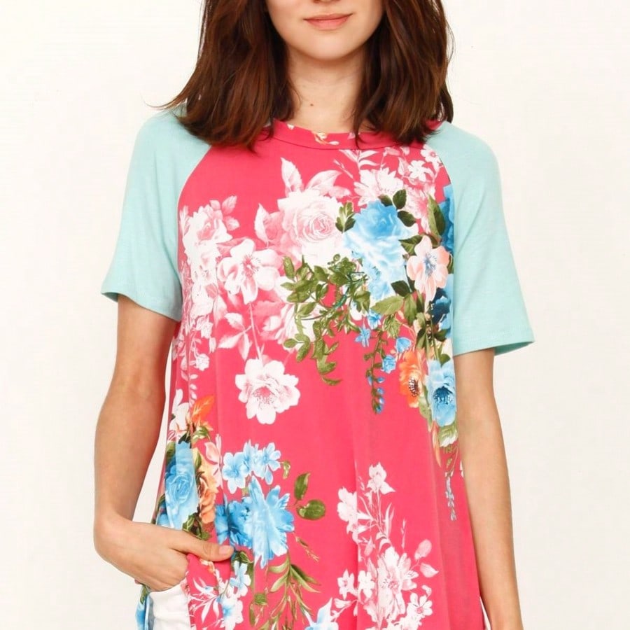 Summer Cool Floral Stripe Raglan Stripe Sleeve Top T Shirt Blouse |  Small -3 XL