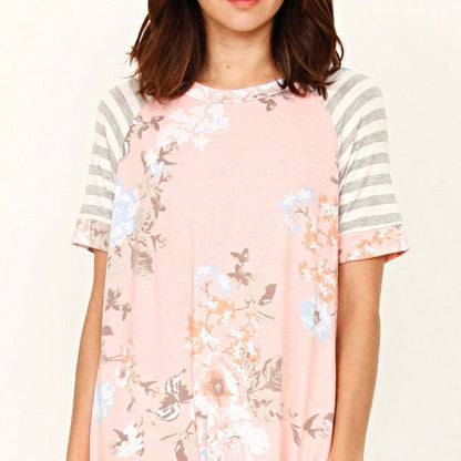 Summer Cool Floral Stripe Raglan Stripe Sleeve Top T Shirt Blouse |  Small -3 XL