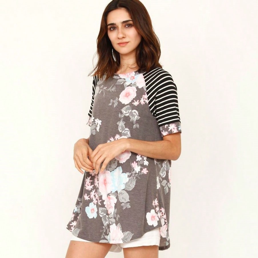 Summer Cool Floral Stripe Raglan Stripe Sleeve Top T Shirt Blouse |  Small -3 XL