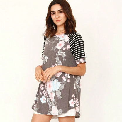 Summer Cool Floral Stripe Raglan Stripe Sleeve Top T Shirt Blouse |  Small -3 XL