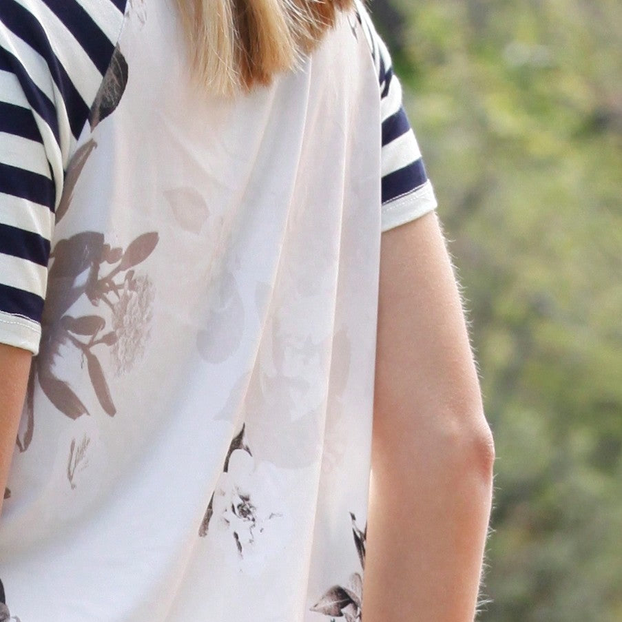 Summer Cool Floral Stripe Raglan Stripe Sleeve Top T Shirt Blouse |  Small -3 XL