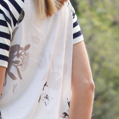 Summer Cool Floral Stripe Raglan Stripe Sleeve Top T Shirt Blouse |  Small -3 XL