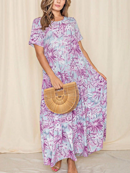 Tiered Tropical Short Sleeve Leaves Floral  Maxi Long Woven Dress
