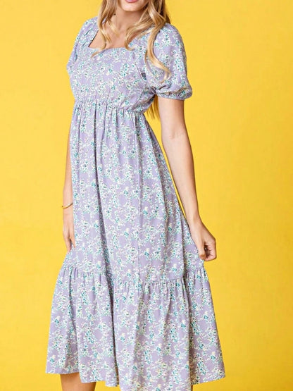 Boho Retro Ditsy Floral Puff Sleeve Square Neck Tiered Ruffle Teal Length Woven Dress