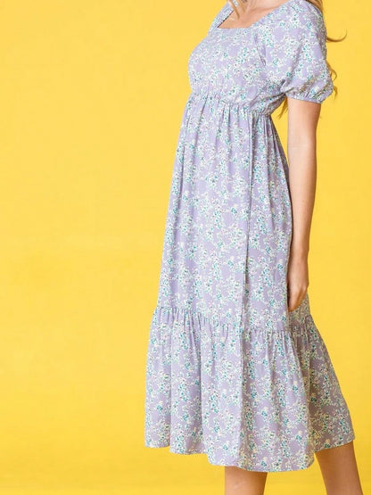 Boho Retro Ditsy Floral Puff Sleeve Square Neck Tiered Ruffle Teal Length Woven Dress