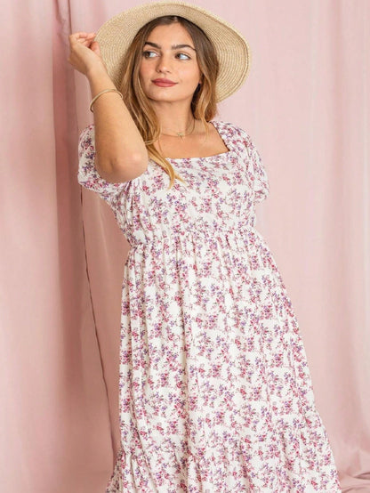 Boho Retro Ditsy Floral Puff Sleeve Square Neck Tiered Ruffle Teal Length Woven Dress