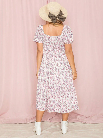 Boho Retro Ditsy Floral Puff Sleeve Square Neck Tiered Ruffle Teal Length Woven Dress