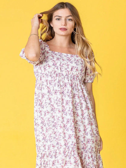 Boho Retro Ditsy Floral Puff Sleeve Square Neck Tiered Ruffle Teal Length Woven Dress