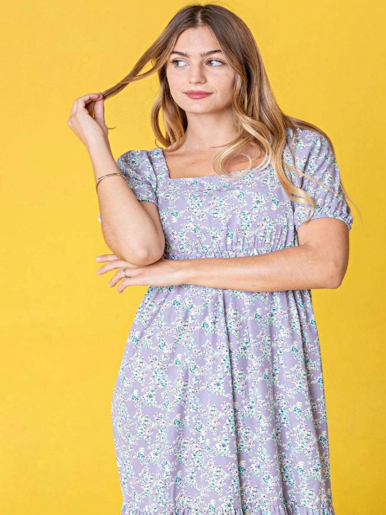 Boho Retro Ditsy Floral Puff Sleeve Square Neck Tiered Ruffle Teal Length Woven Dress