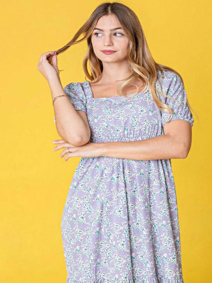 Boho Retro Ditsy Floral Puff Sleeve Square Neck Tiered Ruffle Teal Length Woven Dress