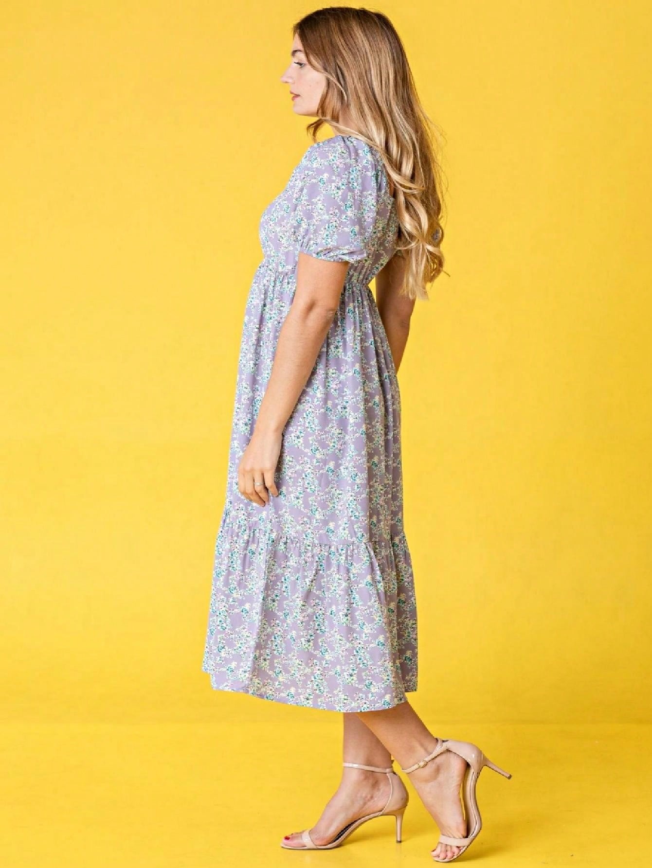 Boho Retro Ditsy Floral Puff Sleeve Square Neck Tiered Ruffle Teal Length Woven Dress