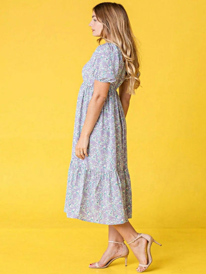 Boho Retro Ditsy Floral Puff Sleeve Square Neck Tiered Ruffle Teal Length Woven Dress