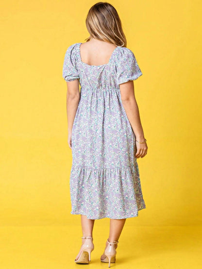 Boho Retro Ditsy Floral Puff Sleeve Square Neck Tiered Ruffle Teal Length Woven Dress