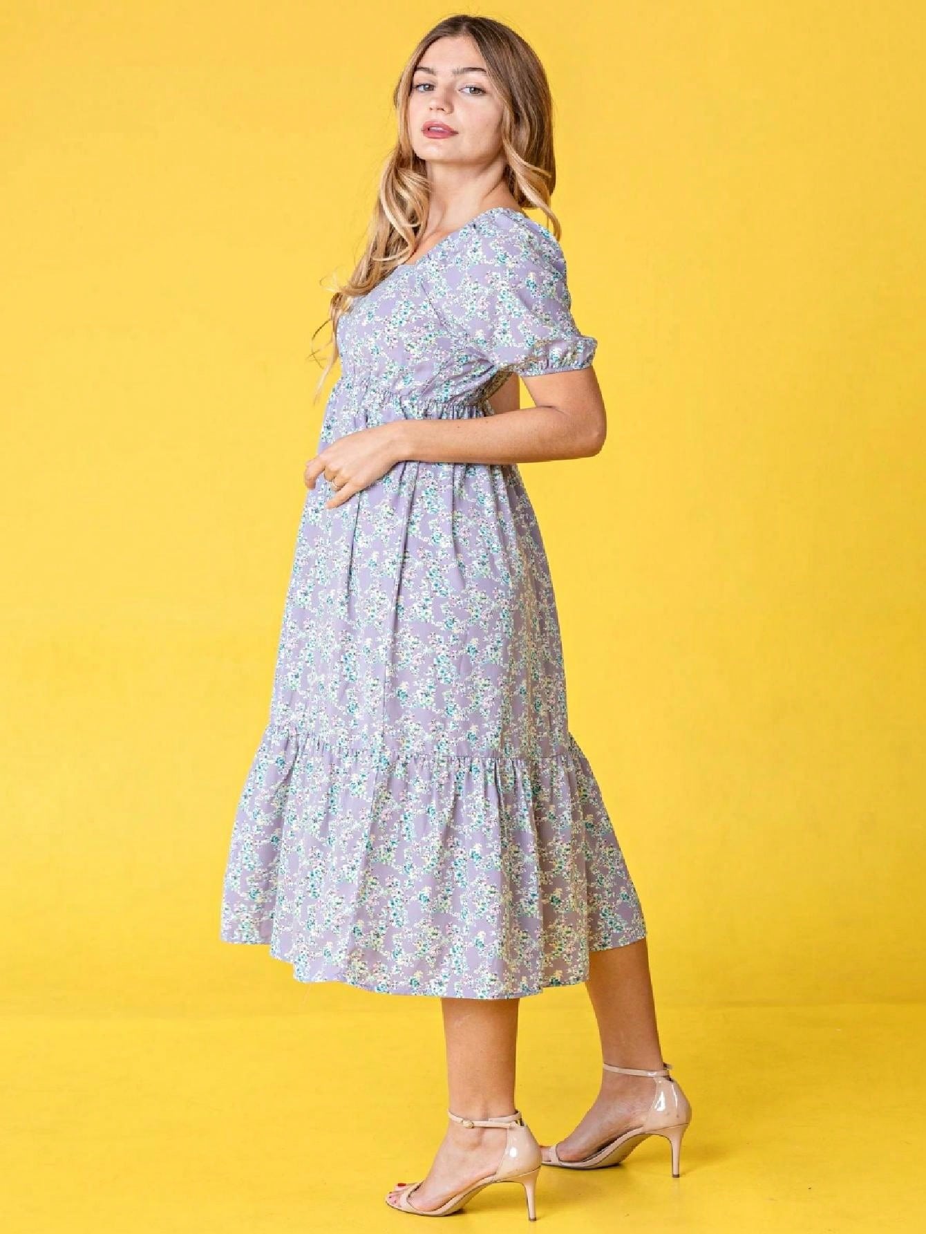 Boho Retro Ditsy Floral Puff Sleeve Square Neck Tiered Ruffle Teal Length Woven Dress