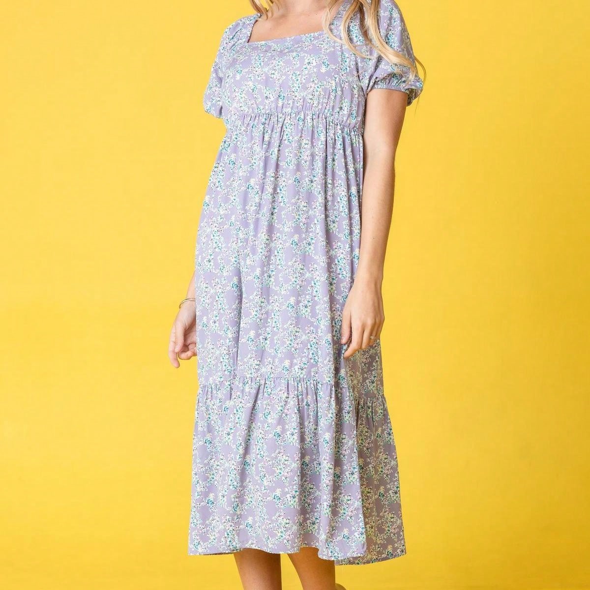 Boho Retro Ditsy Floral Puff Sleeve Square Neck Tiered Ruffle Teal Length Woven Dress
