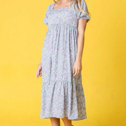 Boho Retro Ditsy Floral Puff Sleeve Square Neck Tiered Ruffle Teal Length Woven Dress