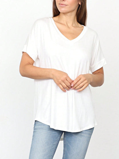 Summer Cool Every Day Soft Cuff Short Sleeve V Neck High And Low Top T Shirt Tunic For Leggings And Shorts |  Small -3 XL