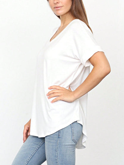 Summer Cool Every Day Soft Cuff Short Sleeve V Neck High And Low Top T Shirt Tunic For Leggings And Shorts |  Small -3 XL