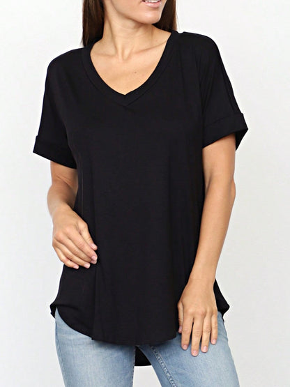 Summer Cool Every Day Soft Cuff Short Sleeve V Neck High And Low Top T Shirt Tunic For Leggings And Shorts |  Small -3 XL
