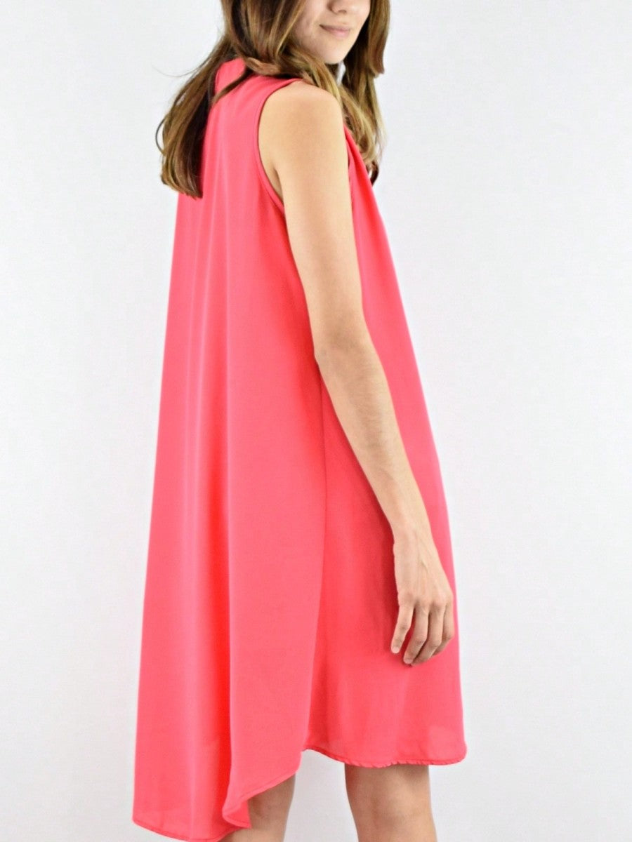 Boho Retro V Notch Neck Mandarin Collar Semi Sheer Swing Woven High And Low Dress