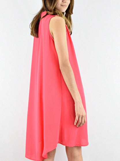 Boho Retro V Notch Neck Mandarin Collar Semi Sheer Swing Woven High And Low Dress