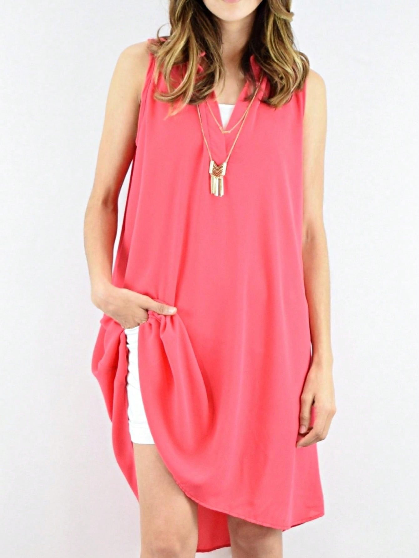 Boho Retro V Notch Neck Mandarin Collar Semi Sheer Swing Woven High And Low Dress