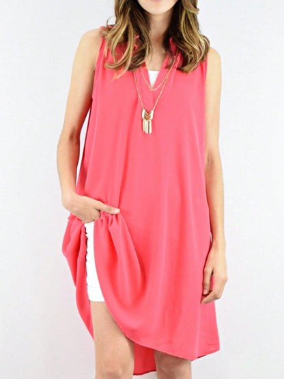 Boho Retro V Notch Neck Mandarin Collar Semi Sheer Swing Woven High And Low Dress