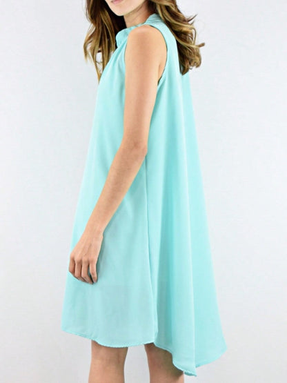 Boho Retro V Notch Neck Mandarin Collar Semi Sheer Swing Woven High And Low Dress