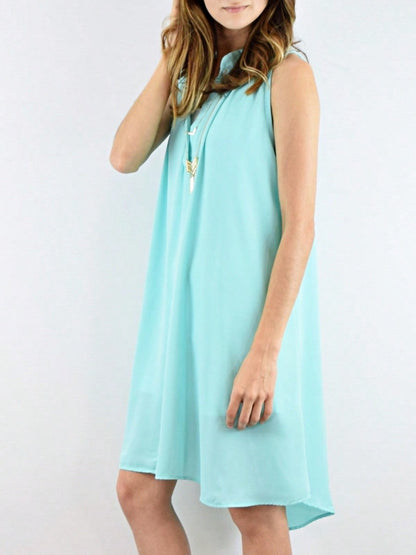 Boho Retro V Notch Neck Mandarin Collar Semi Sheer Swing Woven High And Low Dress