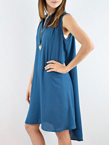 Boho Retro V Notch Neck Mandarin Collar Semi Sheer Swing Woven High And Low Dress