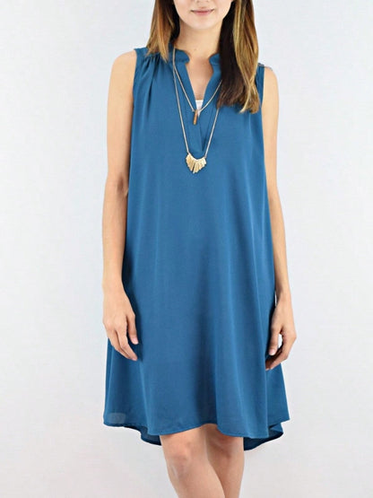 Boho Retro V Notch Neck Mandarin Collar Semi Sheer Swing Woven High And Low Dress