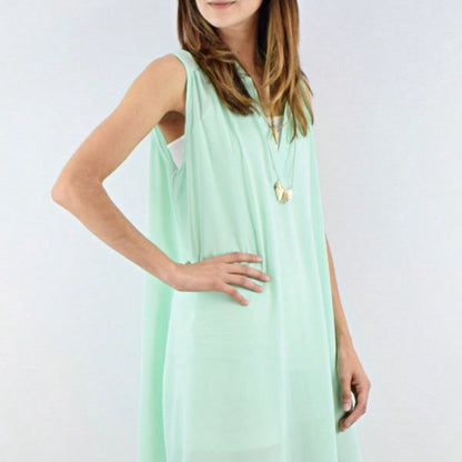 Boho Retro V Notch Neck Mandarin Collar Semi Sheer Swing Woven High And Low Dress