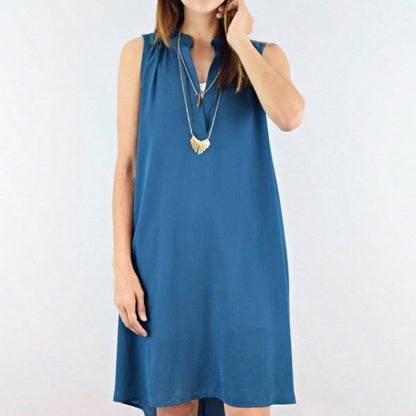 Boho Retro V Notch Neck Mandarin Collar Semi Sheer Swing Woven High And Low Dress