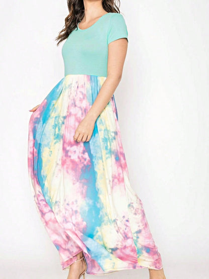 Boho Retro Multi Ditsy Floral Stripe Blue Charcoal Black Coral Short Sleeve Maxi Long Dress With Pocket | S-3X