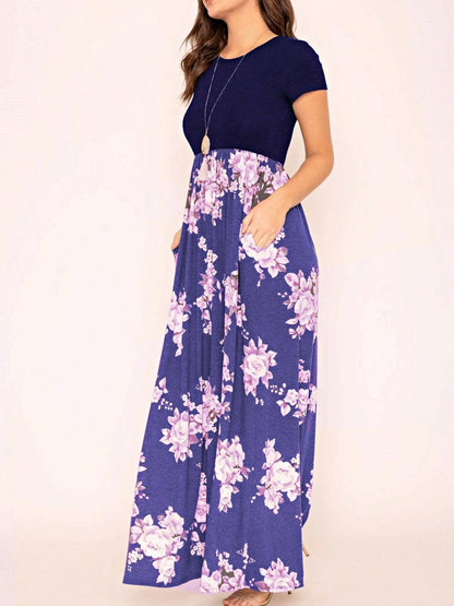 Boho Retro Multi Ditsy Floral Stripe Blue Charcoal Black Coral Short Sleeve Maxi Long Dress With Pocket | S-3X